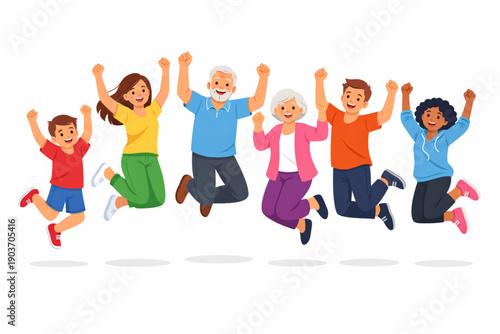 Diverse group of people of all ages jumping with joy and celebrating together