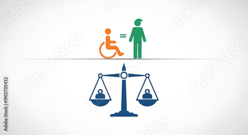 A blue scale balancing a green person and an orange person in a wheelchair on a symbolizing equality and fairness gender equality