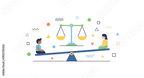 A colorful illustration of two people sitting on a seesaw with a scale in the background surrounded by various shapes and symbols gender equality