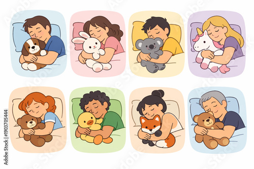 Diverse people sleeping peacefully while hugging their favorite stuffed animals