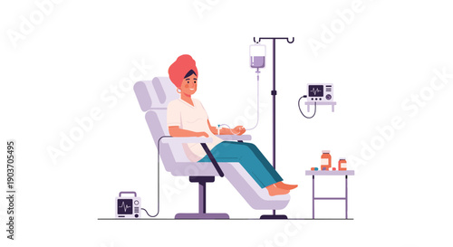 Patient Receiving Intravenous IV Therapy Treatment in a Hospital Medical Chair Illustration