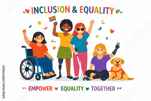 Diverse group celebrating inclusion and equality with pride flag and symbols of diversity