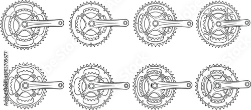 Eight black and white line of bicycle cranksets with double chainrings bike part