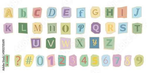 Complete set of cutout letters numbers and symbols in pastel colors