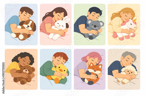 Diverse people sleeping peacefully while hugging their favorite stuffed animals