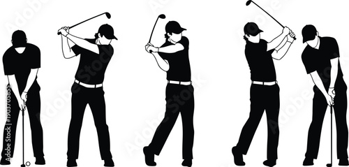 Five black silhouette figures of a golfer in various stages of a swing on a white background