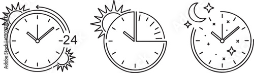 24 Hour Day and Night Cycle Time Icons Set Outline Vector Illustration