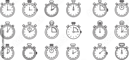 Stopwatch and Timer Line Art Icons Set Vector Illustration Collection