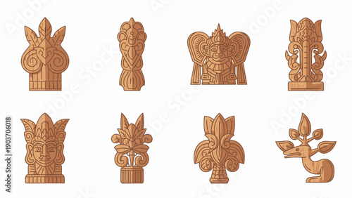 Collection of intricately carved wooden figurines showcasing various animal designs displayed on a plain surface