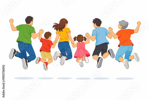 Joyful multi-generational family holding hands and jumping together in mid-air