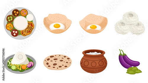 Assorted Indian dishes including breakfast items and spices arranged neatly for a culinary display