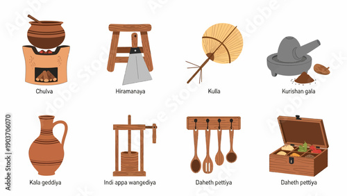 Collection of traditional cooking utensils and tools displayed on a clean white surface from a top-down viewpoint