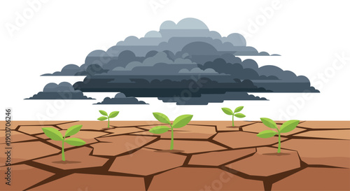 Young Green Sprouts Growing in Dry Cracked Earth Under Heavy Dark Rain Clouds Illustration