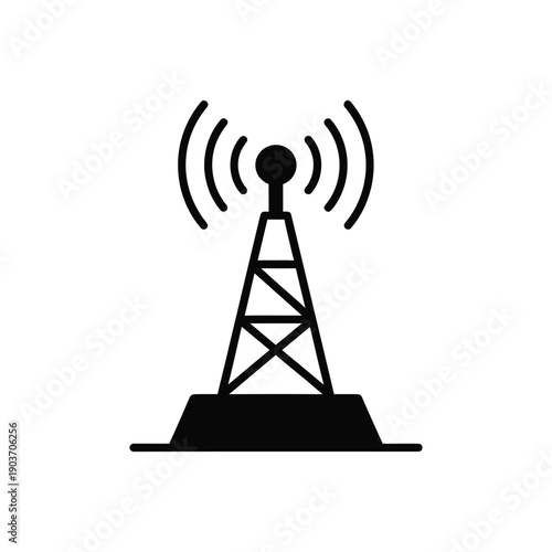 Solid black icon representing a radio transmission tower broadcasting signals against a white background.