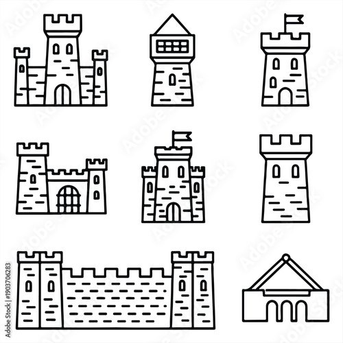 A collection of medieval castle illustrations in black and white