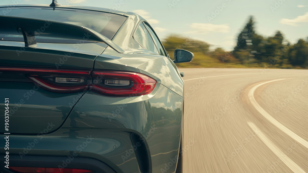 Naklejka premium High speed green sports car driving through a sharp turn on a scenic mountain road showing motion blur and dynamic automotive performance in nature