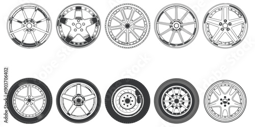 Black and white vector icon set featuring car alloy wheels and tire rims with different spoke designs, perfect for automotive repair, maintenance services, transport graphics, and mechanical illustrat