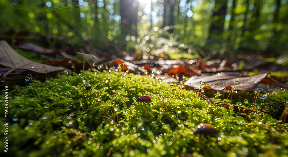 Obraz premium Ladybug on moss with dew drops in forest sunlight