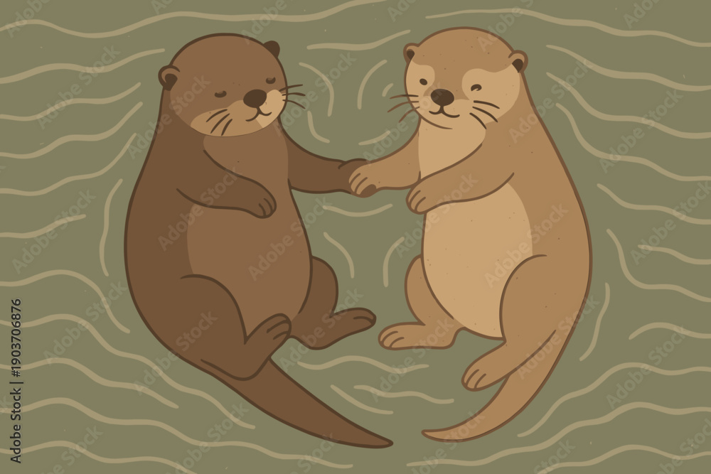 Obraz premium Two adorable otters holding hands while floating in water