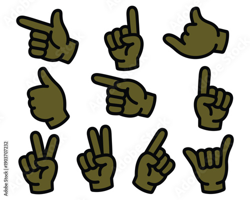 Set of olive green hands making various directional and signaling gestures isolated on transparent background