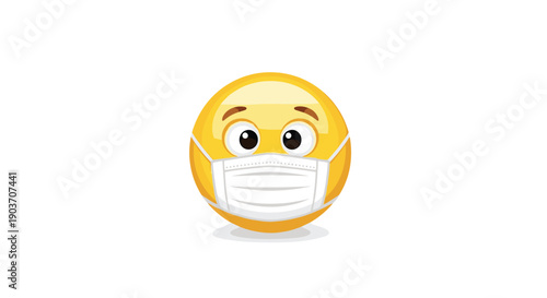 Glossy Yellow Emoji Face Wearing a Detailed White Medical Face Mask for Safety Illustration