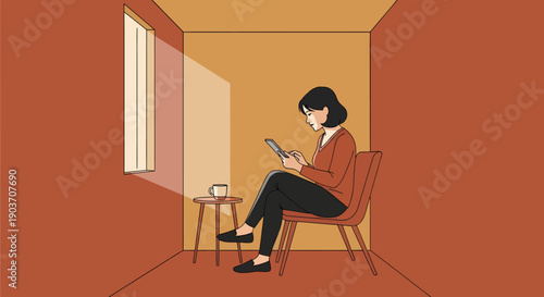 Woman engrossed in reading a book in a sunlit room.