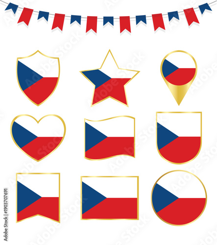 Czech Republic National Flag Icon Set with Gold Borders and Festive Bunting