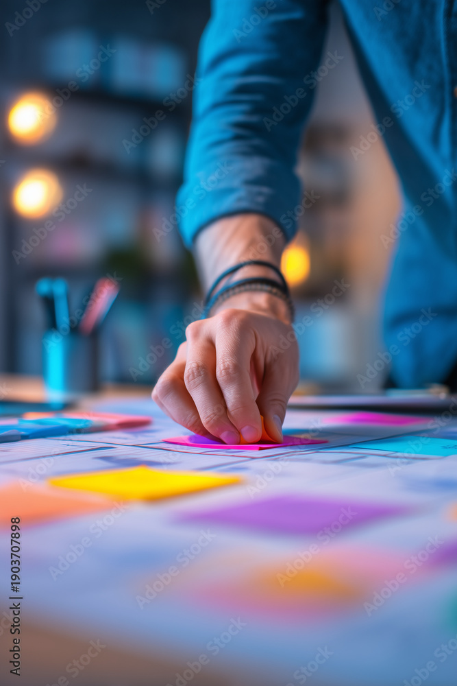 Fototapeta premium Hand placing a colorful sticky note during a planning session, organizing ideas, collaborating, problem solving