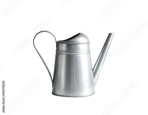 Metallic watering can with handle and spout against black