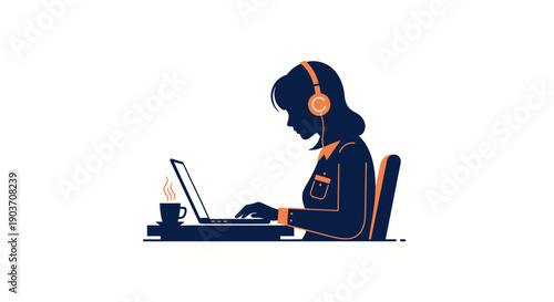 Woman wearing headphones working on laptop computer at desk.