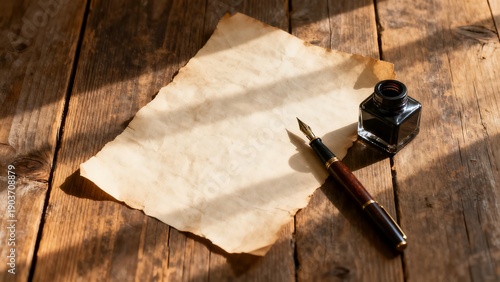 Vintage writing style: old parchment paper on a wooden table, a fountain pen and an ink bottle.