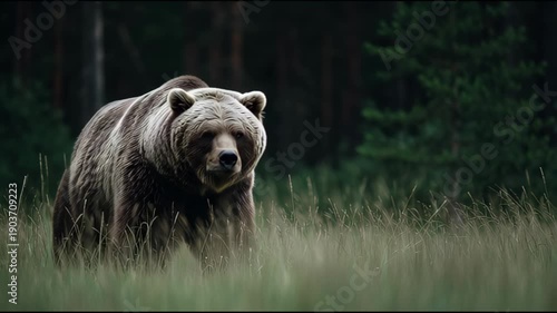 Majestic brown bear emerges from the forest into a grassy meadow at dusk