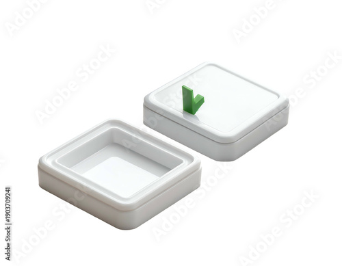 White square container with lid open, green checkmark accent