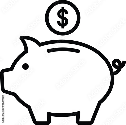 Simple black line drawing of a piggy bank with a coin