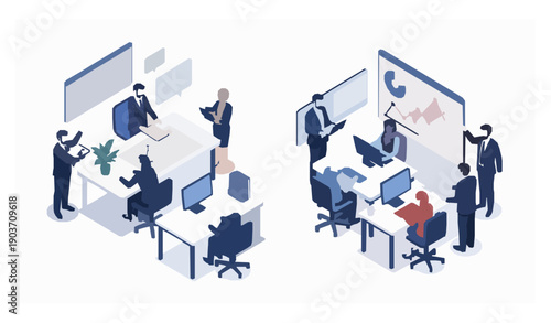 Isometric corporate business process with office team performing different roles vector illustration