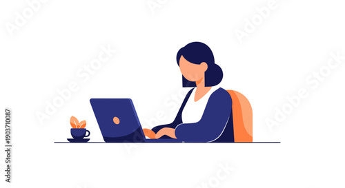 Woman working on laptop at desk with coffee and plant.