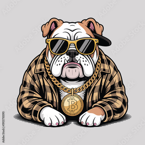 Wealthy Bulldog Mascot with Bitcoin Medal and Gold Chains Art