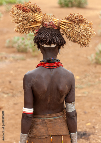Dassanech woman with dried sorghum on her head, Omo valley, Omorate, Ethiopia