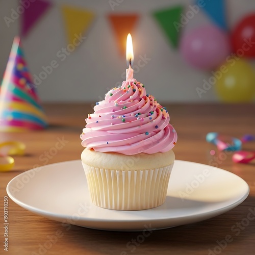 Delicious birthday cupcake with pink frosting and a lit candle on a plate.