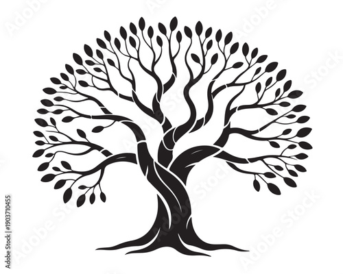 Black silhouette of twisted tree with green leaves isolated on transparent background nature symbol for eco design landscape environment and growth