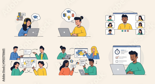 Remote workers collaborating online with laptops and video calls on a beige background, diverse team communicating and brainstorming ideas.