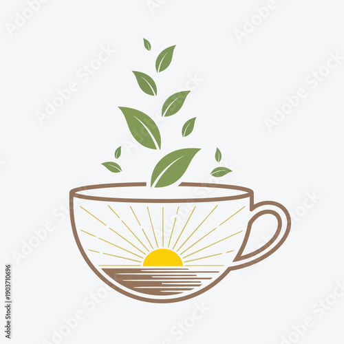 A cup of tea with leaves representing freshness and a sunrise theme