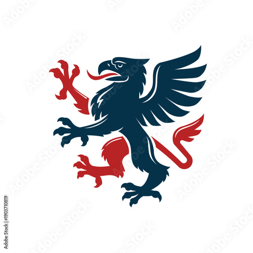 Heraldic griffin emblem in bold red and blue, symbolizing strength, vigilance, power, and royal authority in classic crest design.