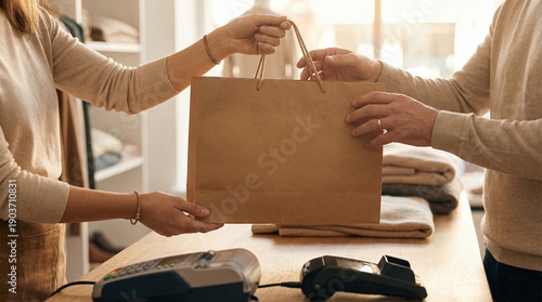 Eco retail checkout. Male customer receiving kraft paper shopping bag at boutique counter, sustainable packaging, point of sale transaction, small business retail. 