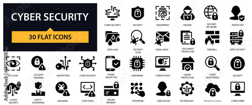 Cyber Security icons set. Data Protection, Network Security, Encryption, Firewall, Threat Prevention and others.