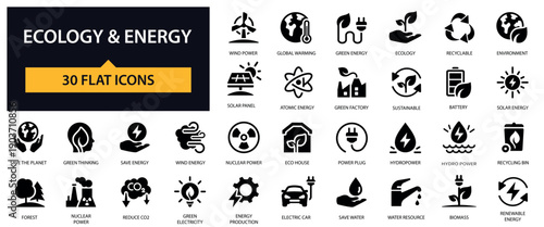 Ecology and Energy icons set. Green Energy, Renewable Power, Sustainability, Environment, Clean Technology and others.