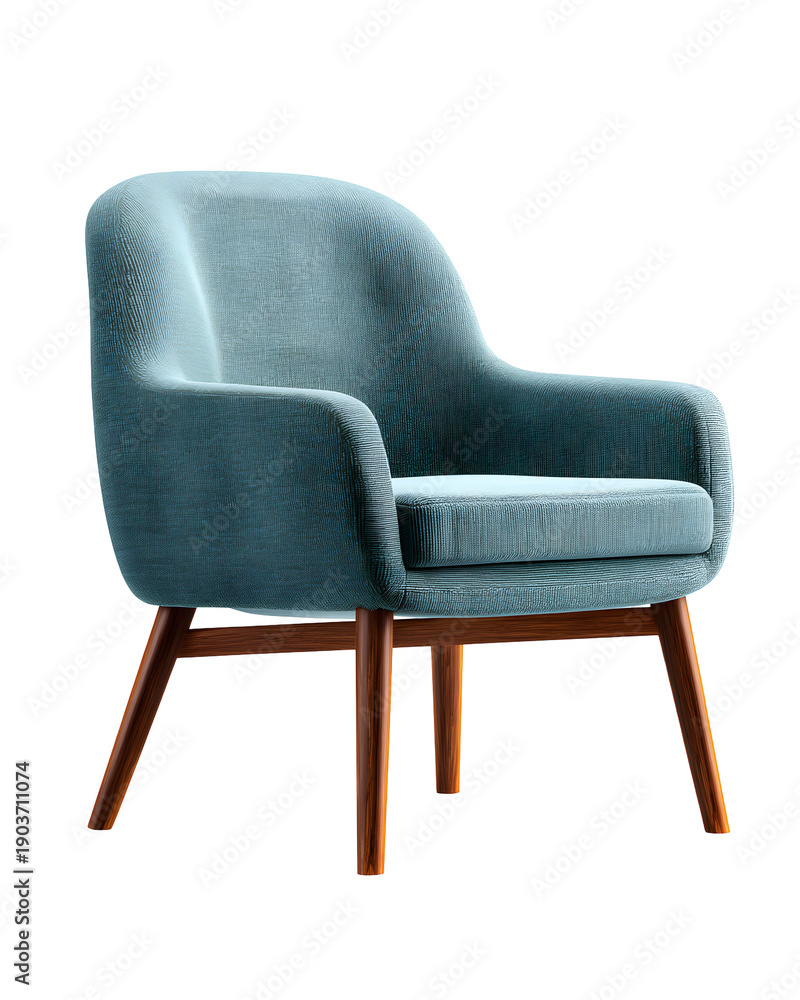 Fototapeta premium Comfortable Teal Armchair with Wooden Legs, Modern Accent Chair, isolated on transparent background