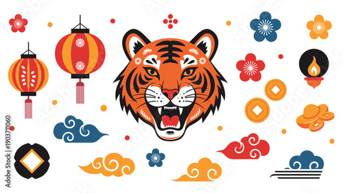 Chinese New Year celebration set featuring a roaring tiger head surrounded by lanterns, lucky coins, clouds, and cherry blossoms.