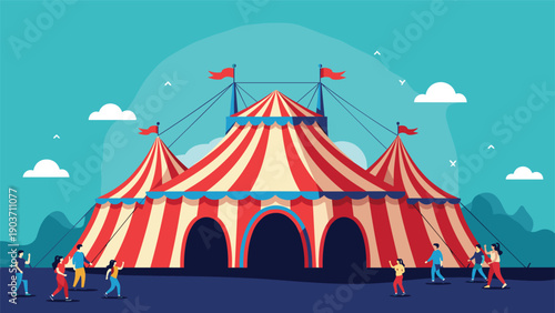 Traditional circus big top tent with red and white stripes stands tall as people gather in the foreground under a clear blue sky.