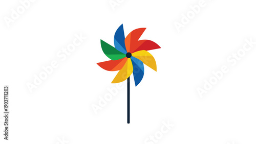 Brightly colored pinwheel toy with multi colored petals stands on a dark stick ready to spin in the wind against a white background.